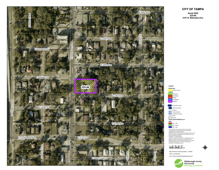 Aerial map highlighting rezoning site at 3101 N Nebraska Ave in Tampa’s VM Ybor area