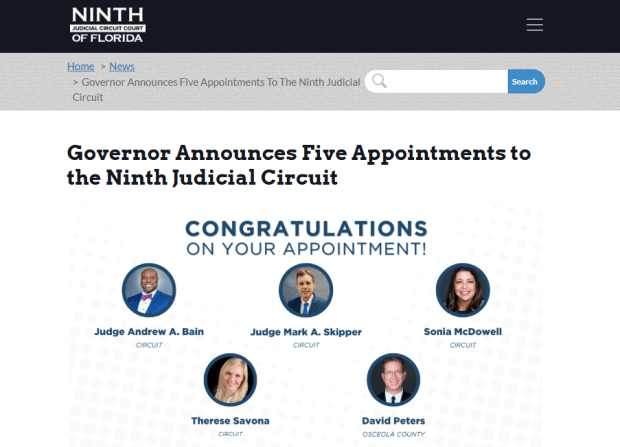 Ninth Judicial Circuit announces five judicial appointments by Gov. Ron DeSantis on its website. (Courtesy inthcircuit.org)