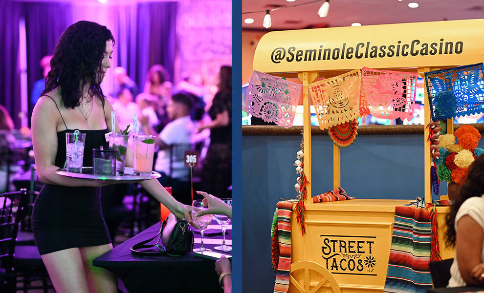 April at Seminole Classic Casino: promotions, entertainment, and what it means for Miami-Dade’s leisure economy 1 Left: A server in a black dress carries a tray of drinks through a dimly lit venue with purple lighting, delivering a cocktail to a seated guest. Right: A colorful street taco stand display labeled “@SeminoleClassicCasino,” decorated with vibrant papel picado banners and textiles, set up indoors at an event.