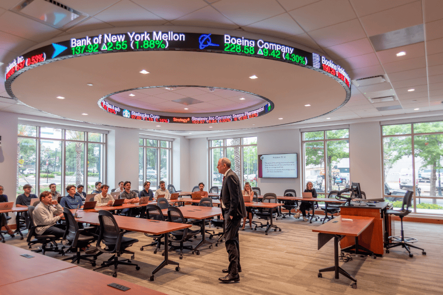 Master of Science Finance (MSF) students, pictured today with Steve Perfect, associate professor of finance, serve as portfolio managers for the highly ranked Student Investment Fund (SIF). The SIF operates out of the Peter & Mary Lee Jones Trading Room in the new Herbert Wertheim Center for Business Excellence and benefits from the trading room's Bloomberg terminals and other technology used by leading Wall Street firms. (Photo by Kallen Lunt)