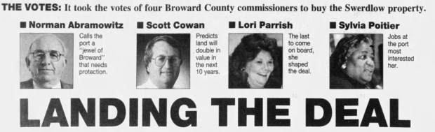 A Sun Sentinel headline from Sept. 28, 1997, and the four commissioners who approved the so-called Swerdlow deal.
