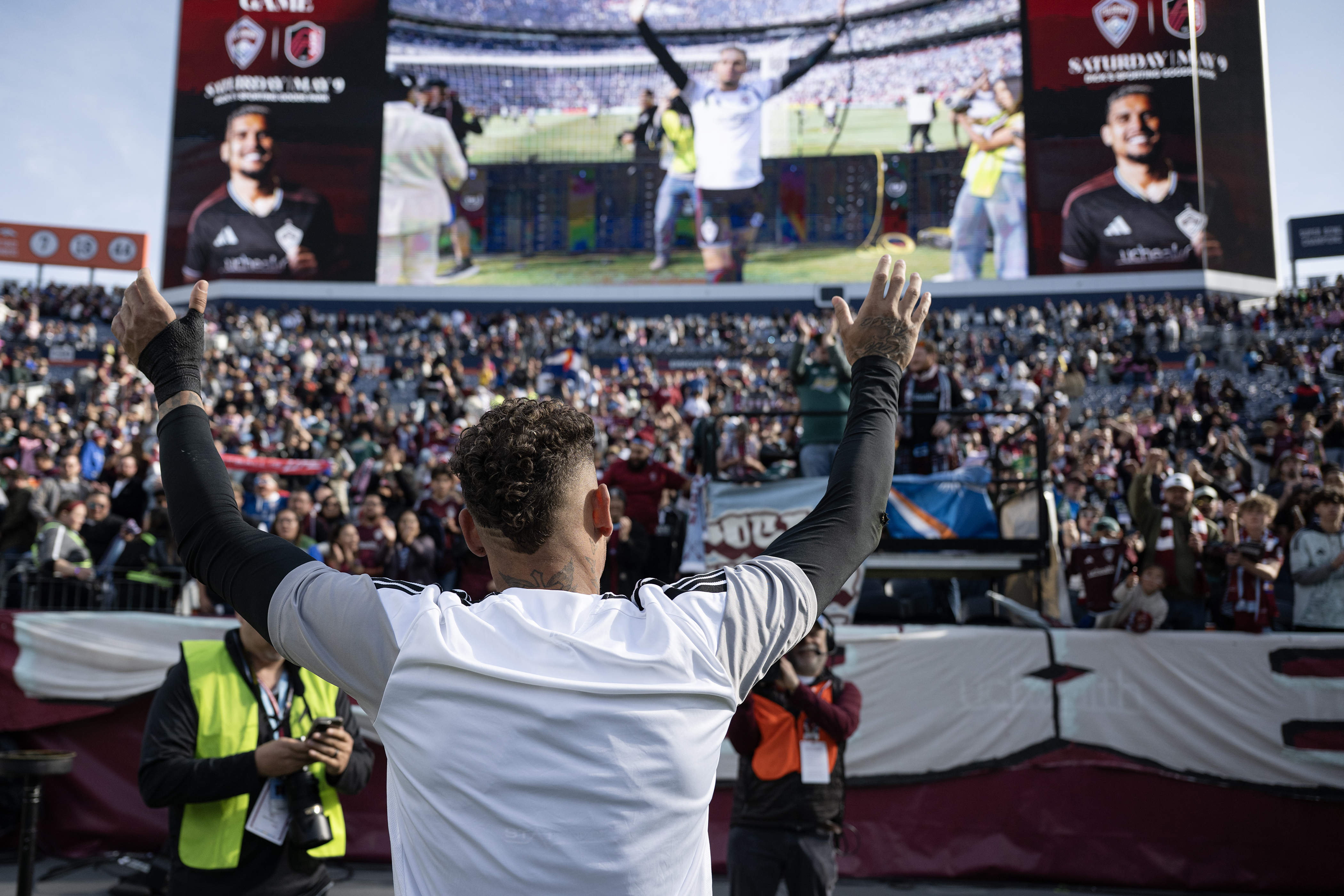 Forward Rafael Navarro (9) of the Colorado Rapids greets the...