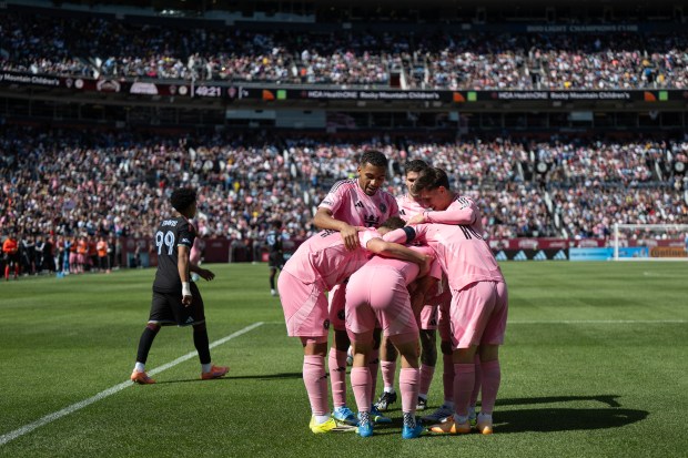 Inter Miami CF players celebrate a goal by forward Germán Berterame (19) of the Inter Miami CF during a 3-2 win over the Colorado Rapids on Saturday, April 18, 2026, at Empower Field at Mile High in Denver. (Photo by Timothy Hurst/The Denver Post)