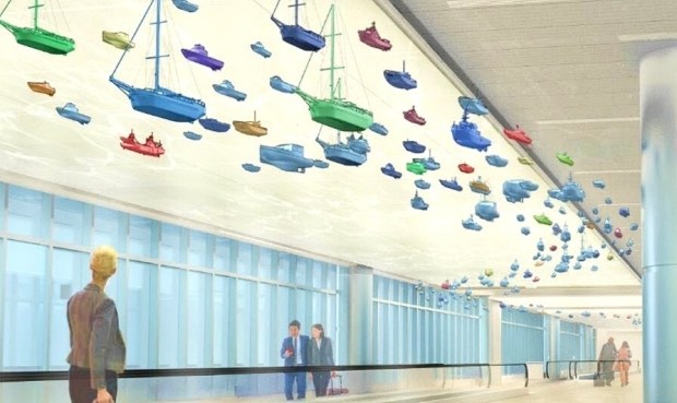 Kipp Kobayashi's "The Mariner's Dream" would bring hanging sailboats to a corridor at Fort Lauderdale-Hollywood International Airport. It would consist of over 100 colorful ship and sailboat models suspended overhead with steel cables. (Broward County, courtesy)
