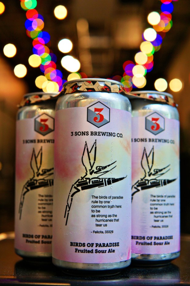 Birds of Paradise, a new fruited sour ale at 3 Sons Brewing in Dania Beach, comes in a can brightened by a poem. The cans will be available during April, National Poetry Month. (3 Sons Brewing/Courtesy)