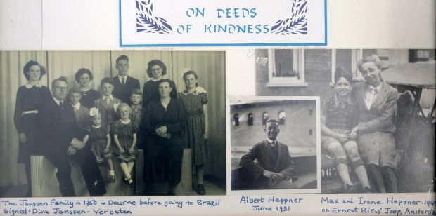 Family photos showing the family who hid and saved Max Heppner and his parents from the Nazis are displayed on Tuesday, April 21, 2026. Heppner and his family are traveling to Berlin, Germany, for a memorial stone dedication ceremony. (Mike Stocker/South Florida Sun Sentinel)