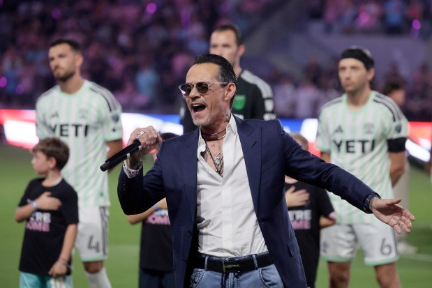 Marc Anthony sings the National Anthem at the Inter Miami CF inaugural game at the Inter Miami Nu Stadium against Austin FC on Saturday April 4, 2026. (Mike Stocker/South Florida Sun Sentinel)