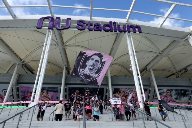 Fans get ready as the Inter Miami Nu Stadium as it opens for the inaugural game on Saturday April 4, 2026. Inter Miami plays their first game against  Austin FC in Nu Stadium, in Miami's Freedom Park. (Mike Stocker/South Florida Sun Sentinel)