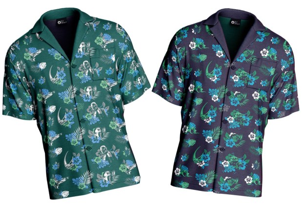 The Miami Marlins Star Wars Night on May 1 will have a ticket package that includes a Star Wars-themed Hawaiian shirt in Mandalorian, left, or Grogu designs. (Miami Marlins/Courtesy)