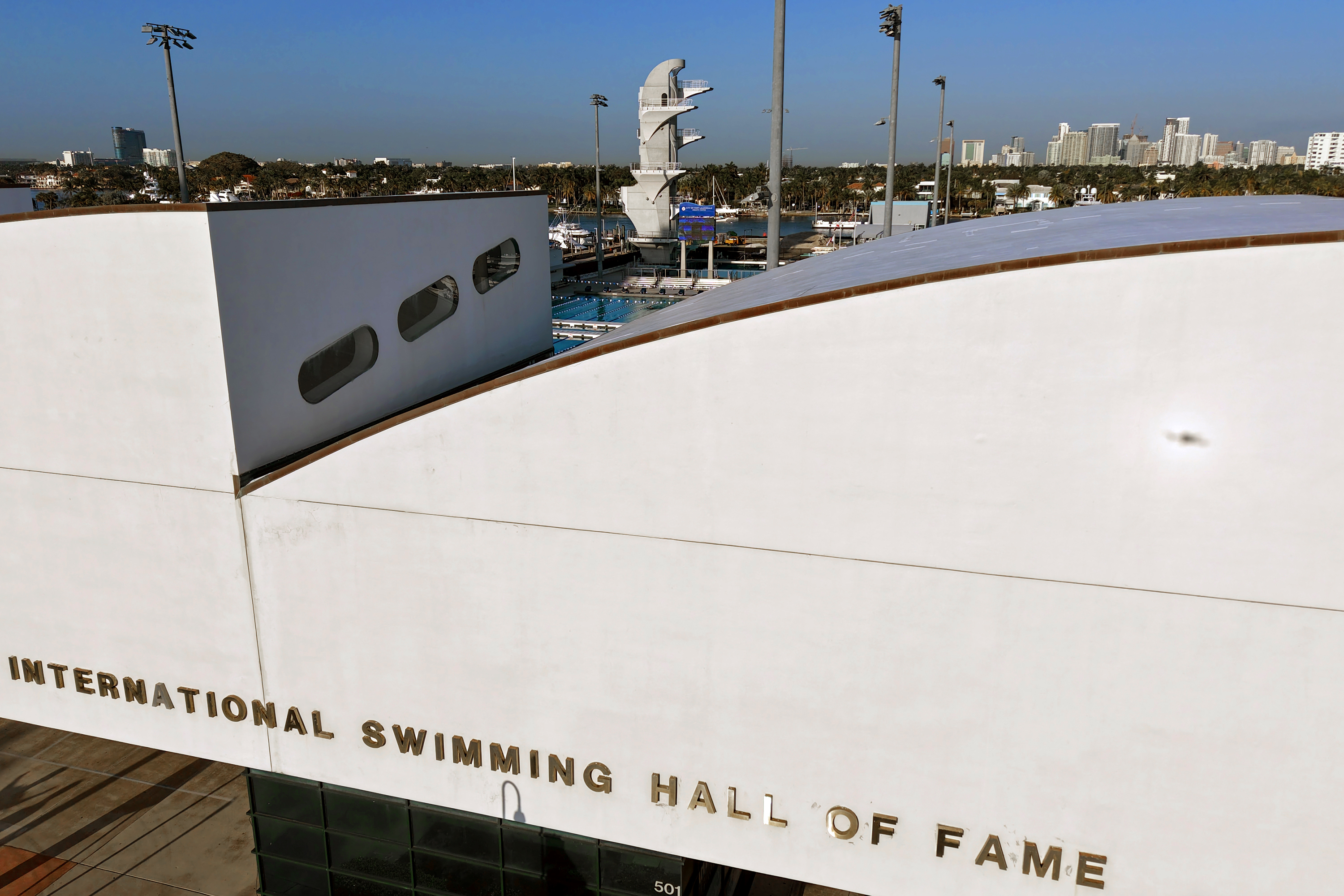 The 27-meter dive tower peeks out above the current International...