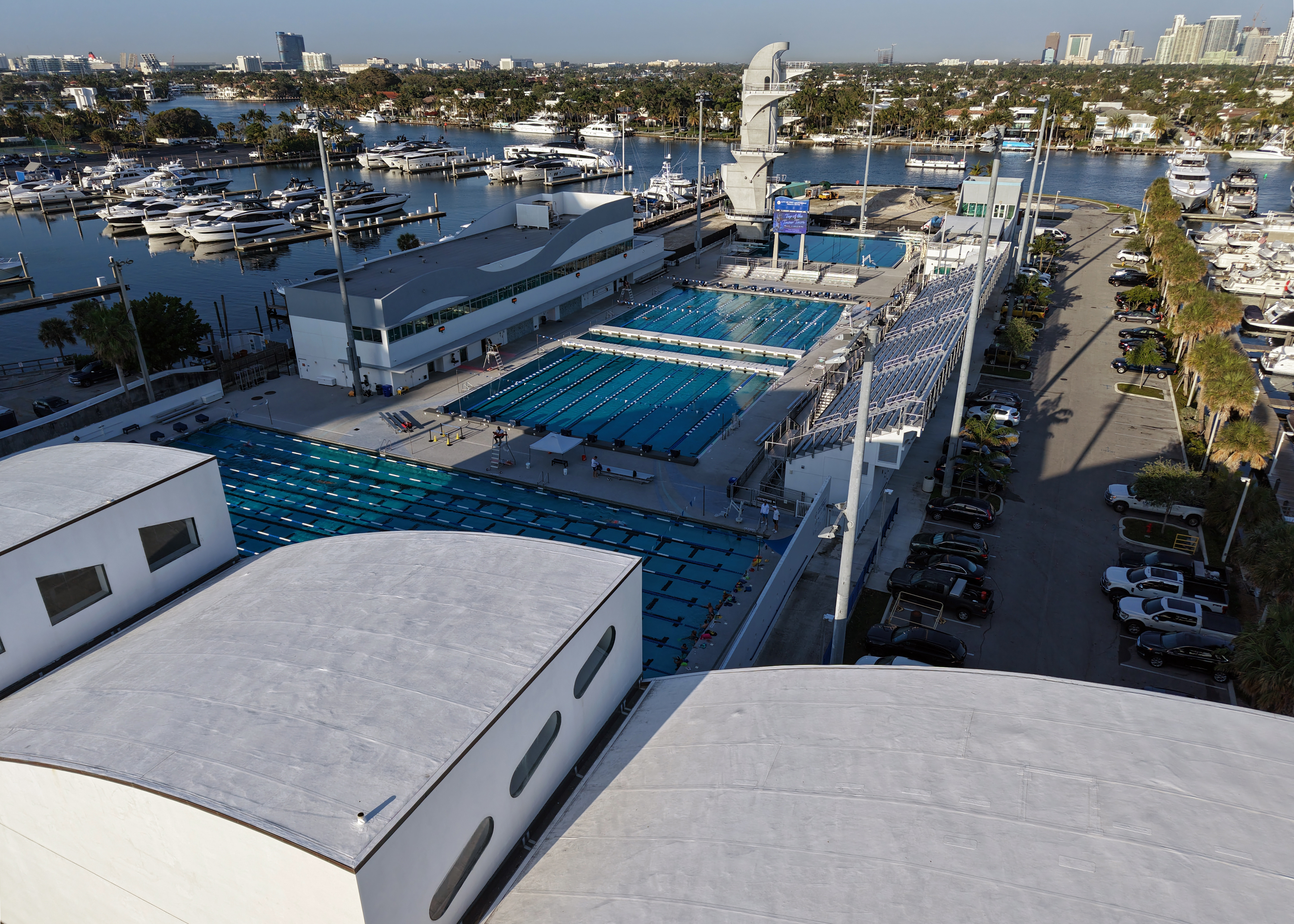 The Fort Lauderdale Aquatic Center, including a 27-meter dive tower...