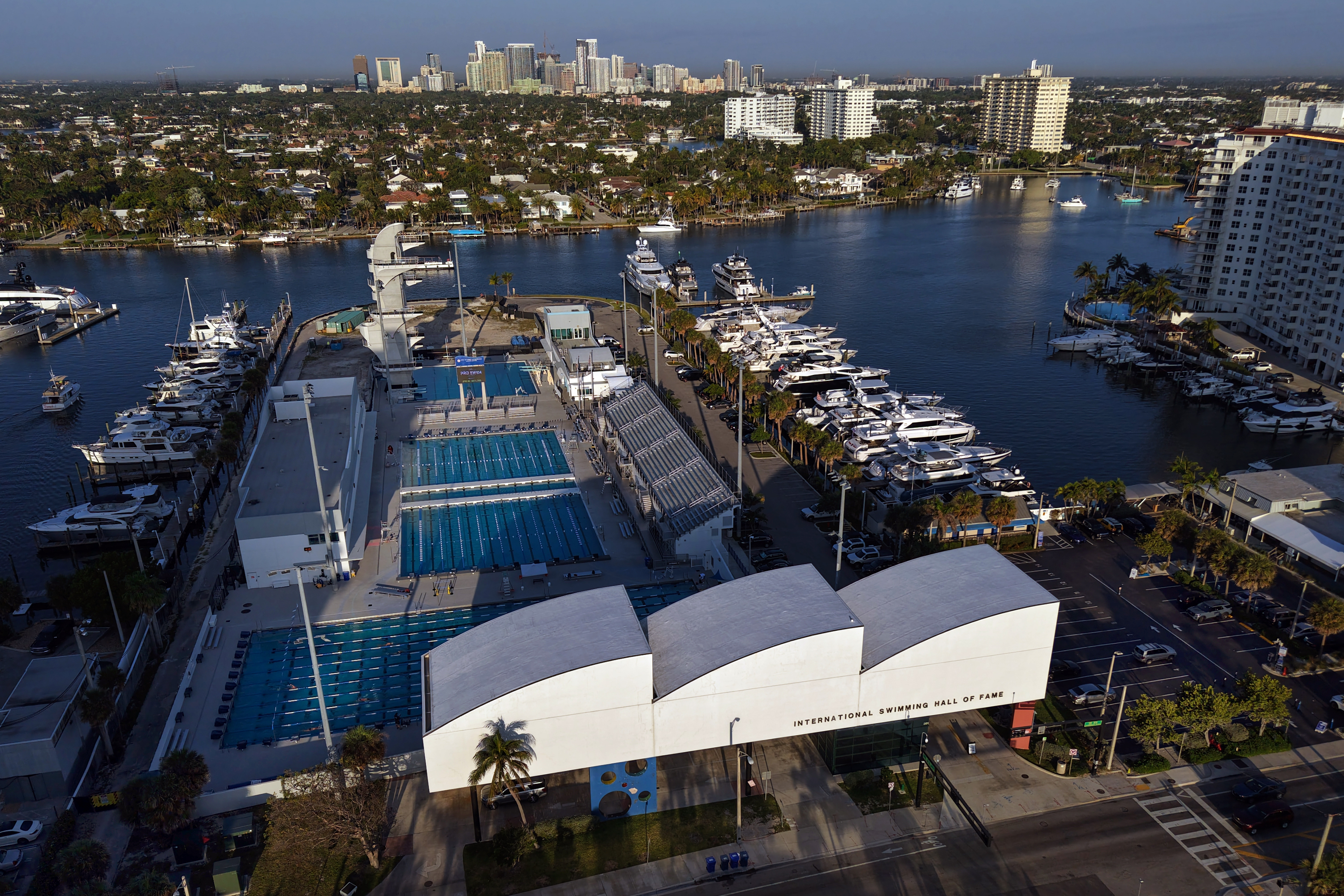 The Fort Lauderdale Aquatic Center, including a 27-meter dive tower...