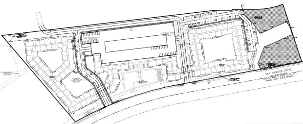 The site plan for a multifamily development proposed for about 14 acres of land across from SeaWorld. The property is located along Sea Harbor Drive where it meets International Drive. Epoch Residential is the developer planning to deliver almost 700 apartments on the property. (Plan from Kimley-Horn/Orange County)