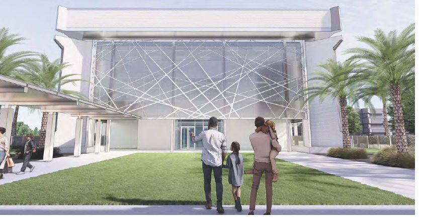 The vertical louvers on the existing building would be removed...