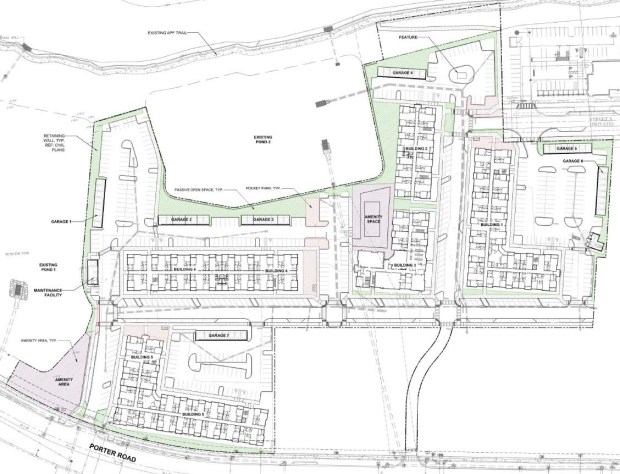 The site plan for the Silverleaf South apartment community in Horizon West shows five four-story residential buildings across the property's 12 acres. Thompson Thrift Residential of Indiana is developing the 320-unit complex in southwest Orange County. (Plans by Kelly, Collins & Gentry/Orange County)