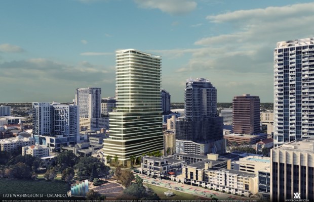 The mixed-use tower would have six levels of parking, a nine-story hotel and 19 stories of residential uses on the upper floors. (Rendering by Kobe Karp Architecture)