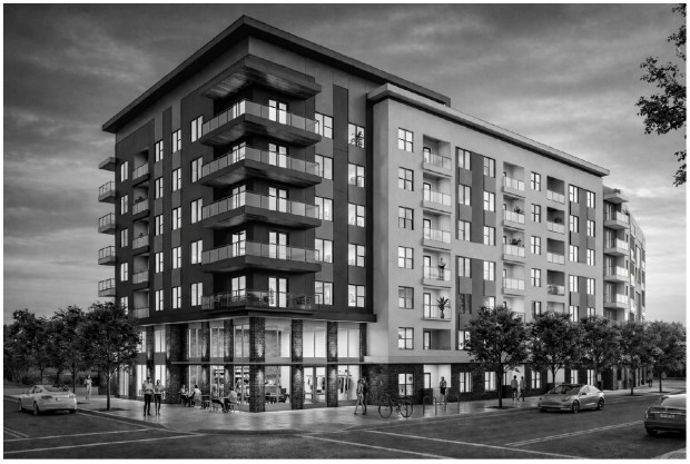 The proposed Gables Ivanhoe would be seven stories wrapping an eight-level parking garage with a rooftop pool and clubhouse. The corner of N Orange and N Garland avenues will be a feature with double-height windows, dramatic lighting and stone accents. (Rendering by Baker Barrios)