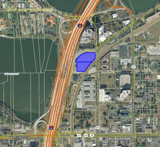 The Gables Ivanhoe site is bordered by N Garland and N Orange avenues and the SunRail/CSX tracks on the east. It overlooks I-4 and Lake Concord. (Orange County Property Appraiser)