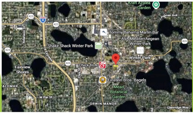 This map shows the location of the planned Fairbanks Crossing development in Winter Park and its relation to other businesses and attractions in the city. The project calls for construction of four one-story buildings totaling 29,760 square feet of space for retail and restaurants on 4.22 acres of land. (Image courtesy of Winter Park)