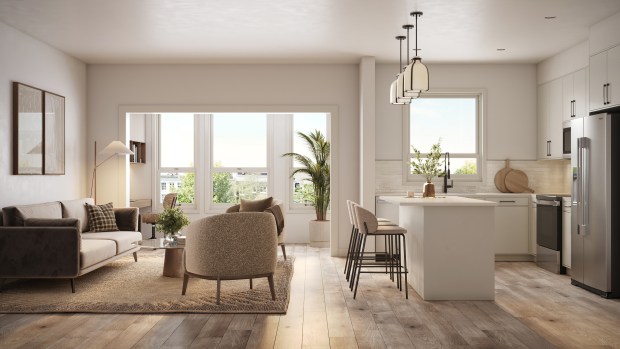A rendering shows a look inside one of the 300 units at The Regency, a luxury apartment community under construction in Ocoee. The development features studios and units with one to three bedrooms. All apartments have high ceilings and feature amenities including gourmet kitchens with quartz countertops, contemporary lighting and Moen fixtures, and open-concept layouts where light pours in from numerous windows. (Rendering from FK Architects/Selnik Development)