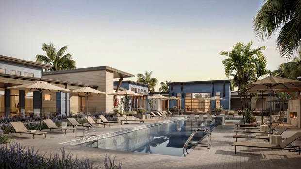 The resort-style pool at The Regency in Ocoee. The zero-entry pool is surrounded by a deck with grilling area, cabanas and an electric a fireplace. The 300-unit community from Selnik Development will have its grand opening in July. (Rendering from FK Architects/Selnik Development)