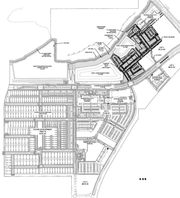 This image from plans filed with Orange County for the Silverleaf South apartment complex (upper right corner) shows how the project fits into the overall 563-acre mixed-use Silverleaf development in Horizon West. (Image by Kelly, Collins & Gentry/Orange County)