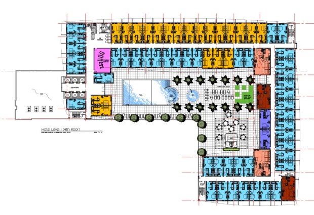 The hotel amenities would be located on the fourth floor, over the parking garage. They include a pool and cabana with an outdoor bar. There's also a fitness center on this level. (Courtesy of PNM Architecture)