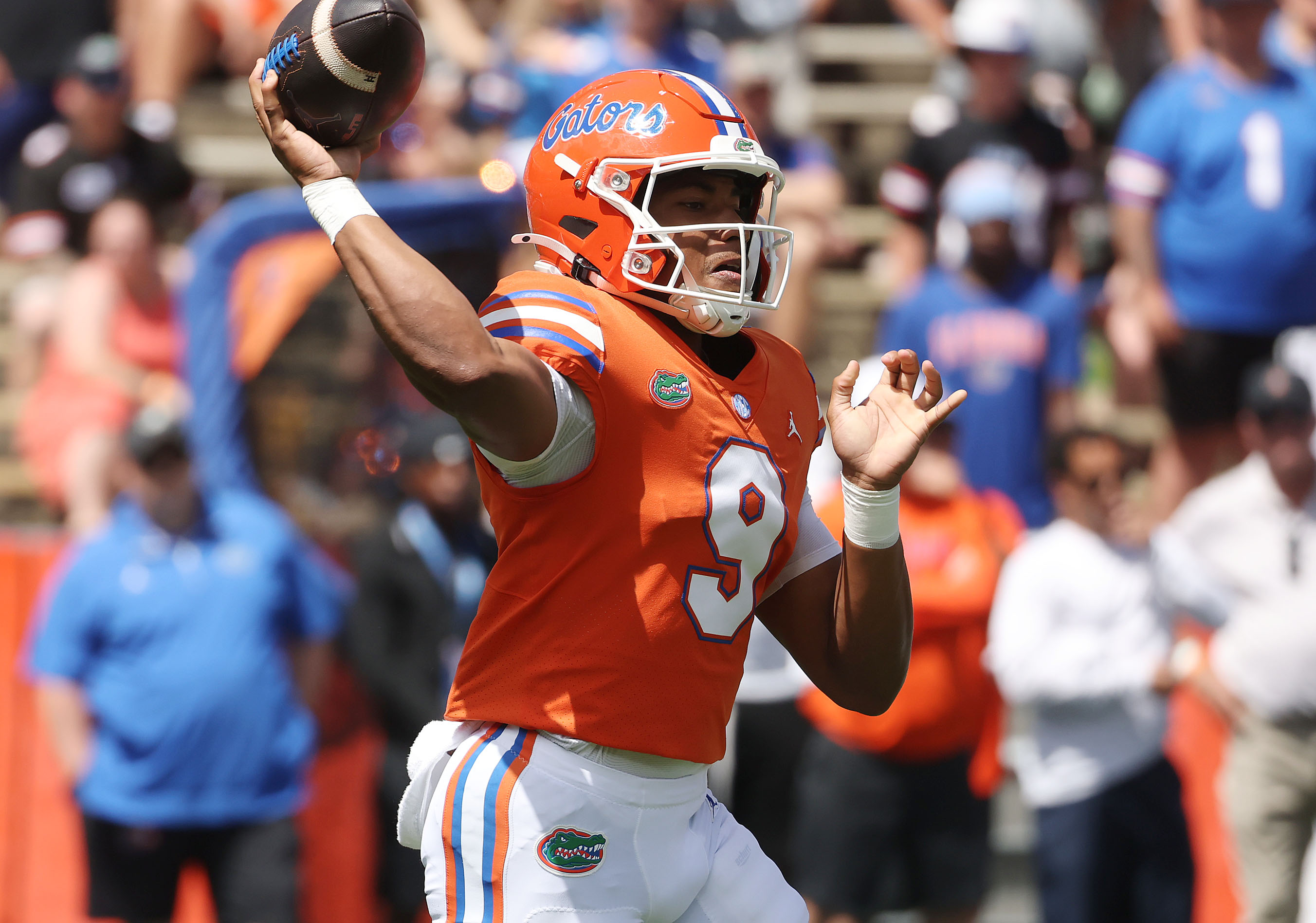 University of Florida quarterback Tramell Jones Jr. (9) throws during...