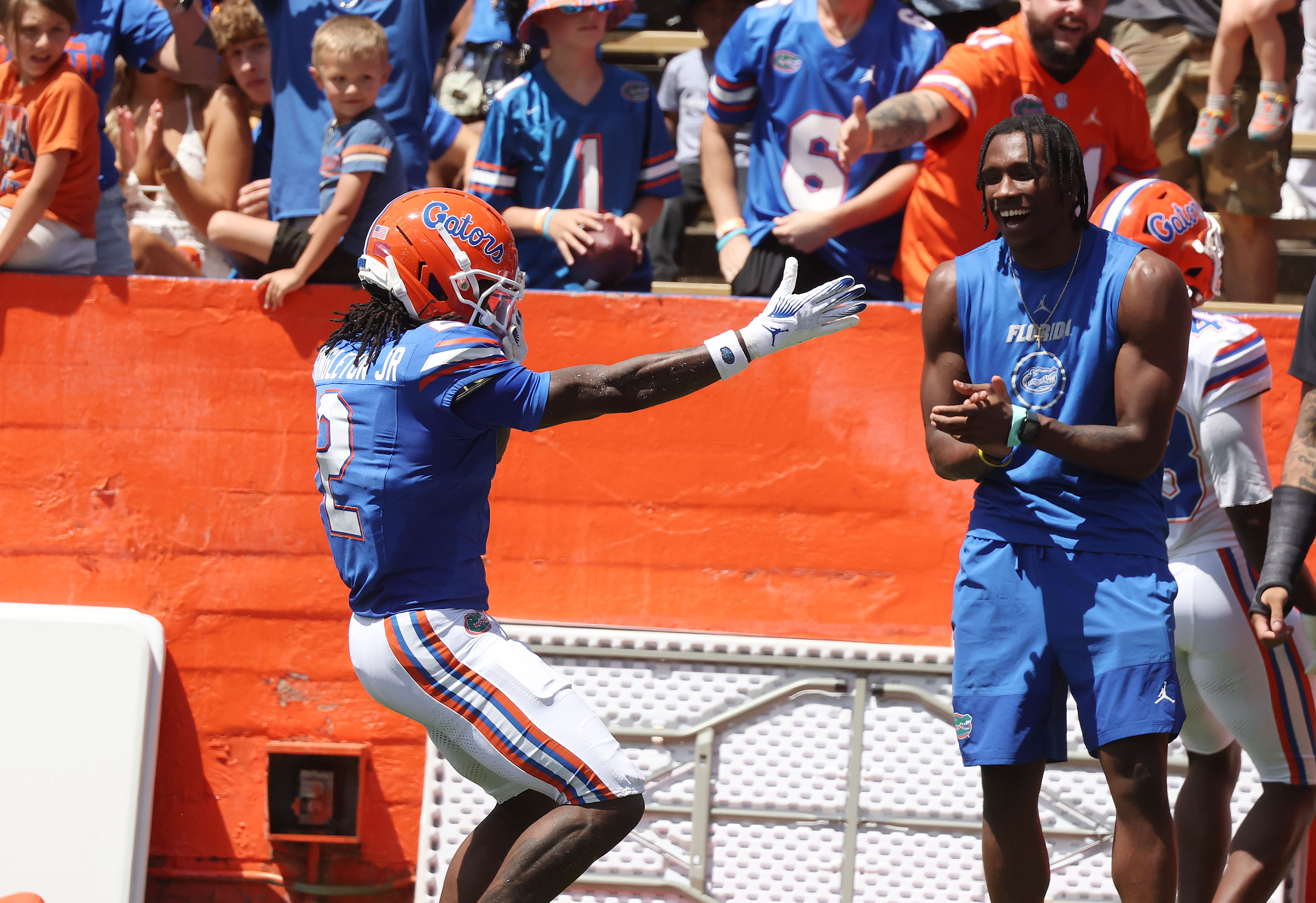 University of Florida wide receiver Eric Singleton Jr. celebrates after...