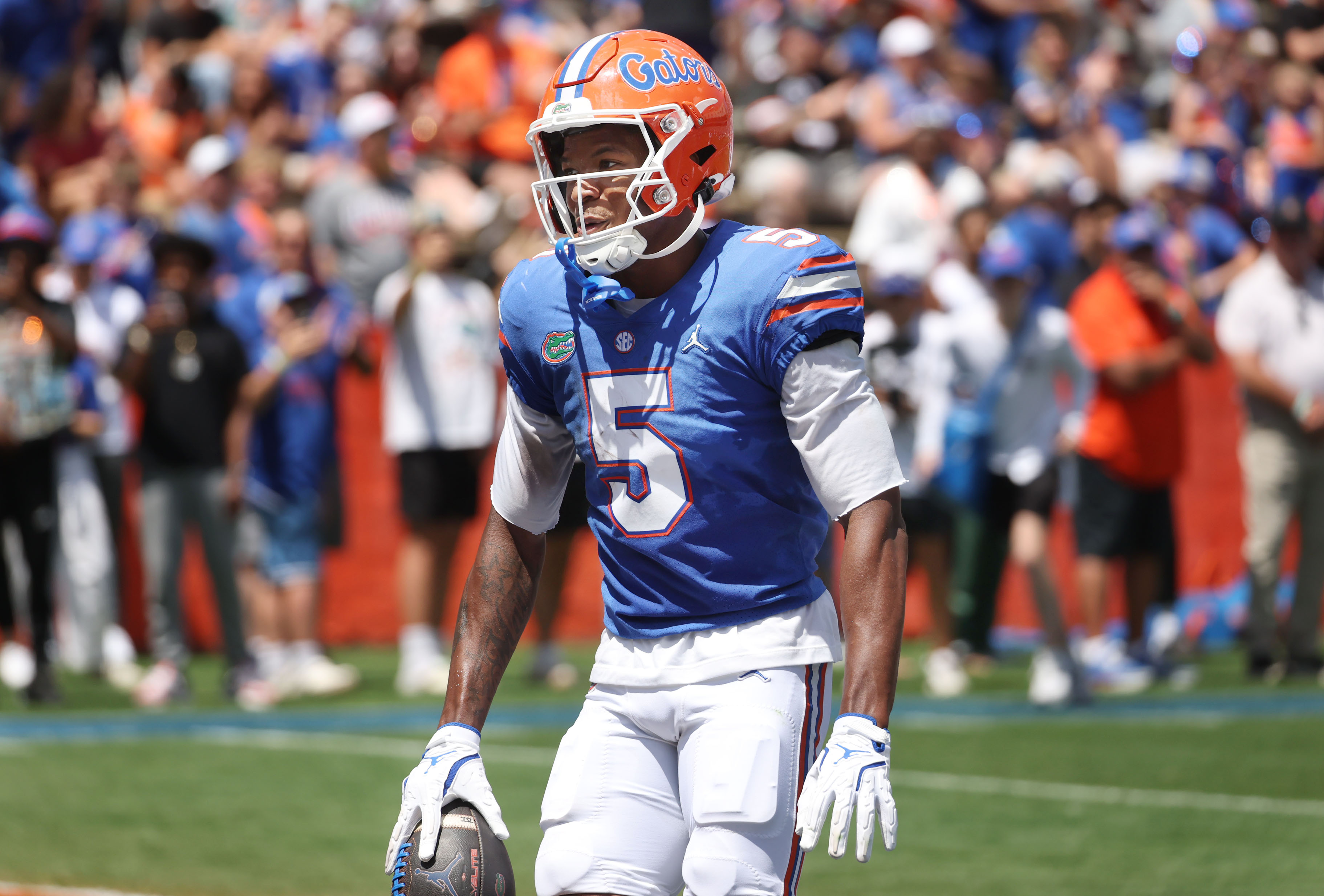 University of Florida wide receiver Micah Mays Jr. celebrates after...