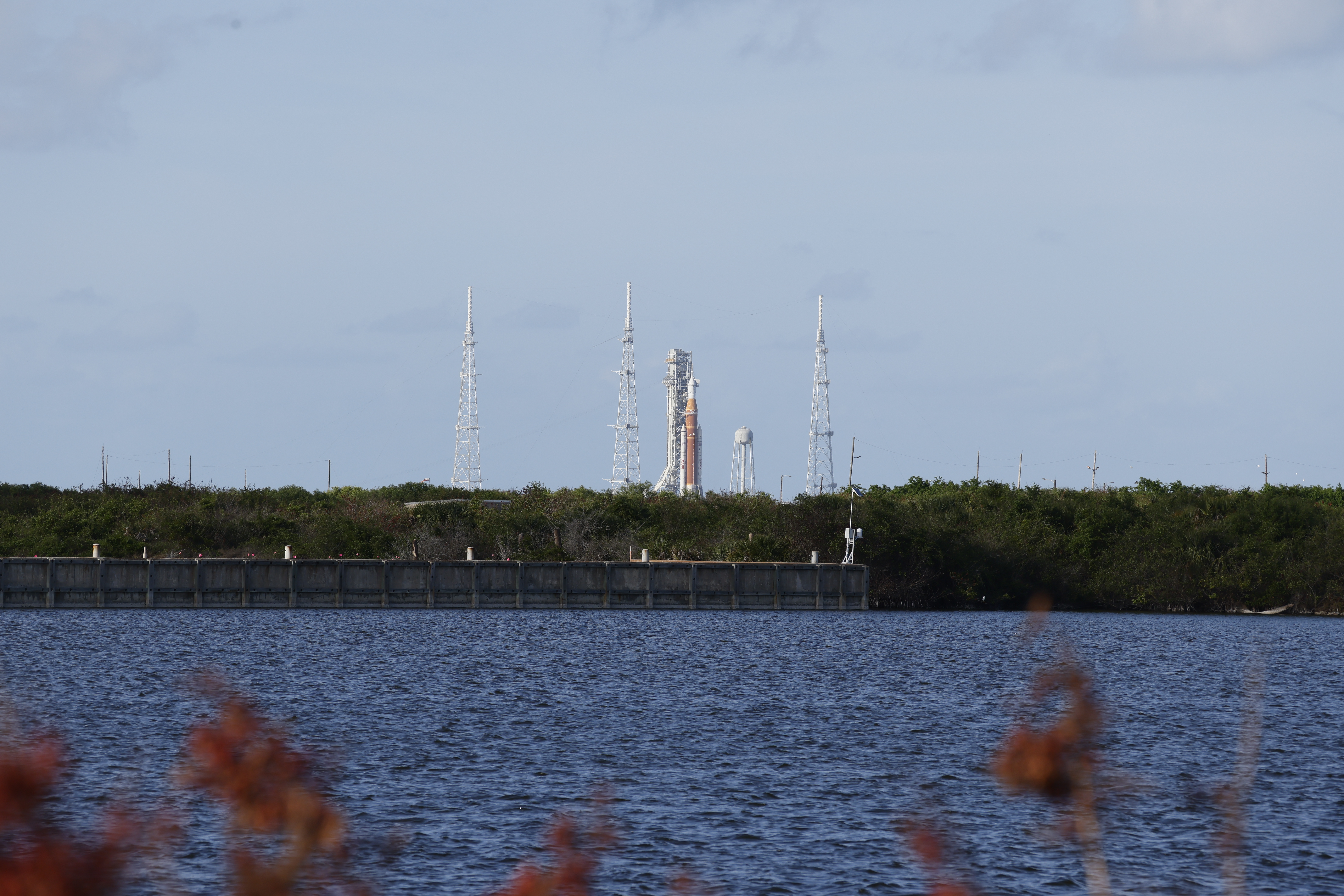 The Space Launch System rocket topped with the Orion capsule...