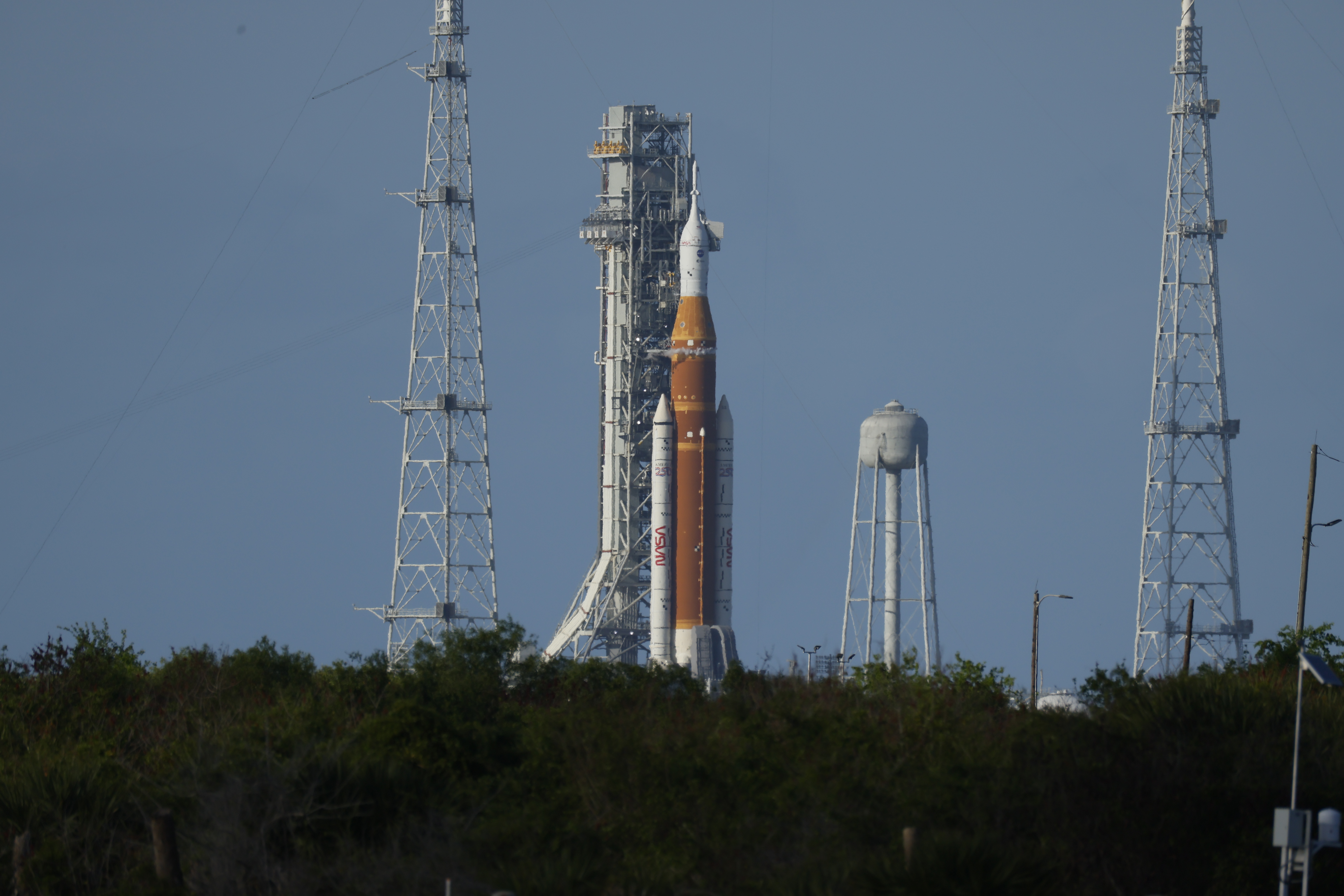 The Space Launch System rocket topped with the Orion capsule...