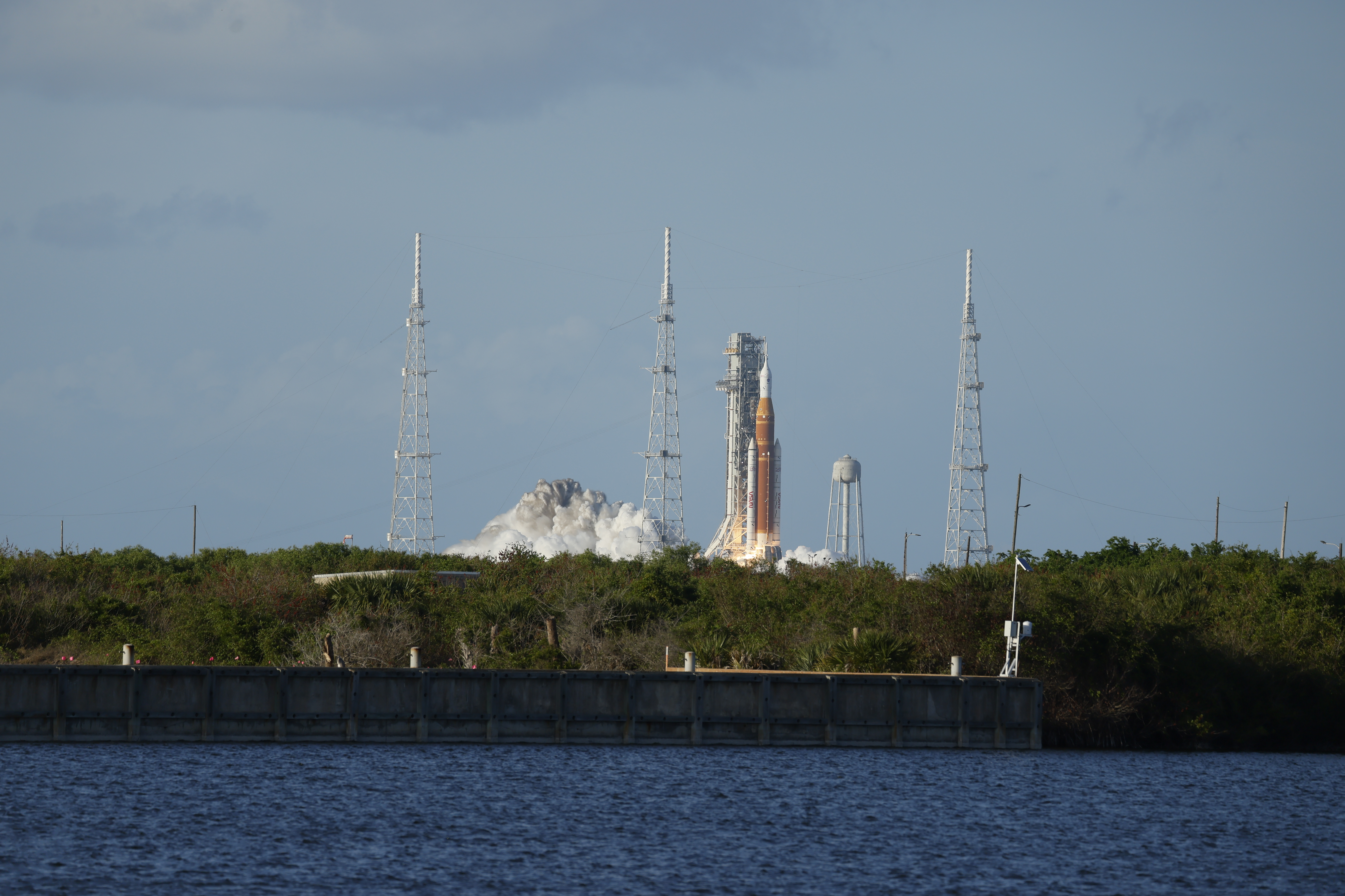 The Space Launch System rocket topped with the Orion capsule...