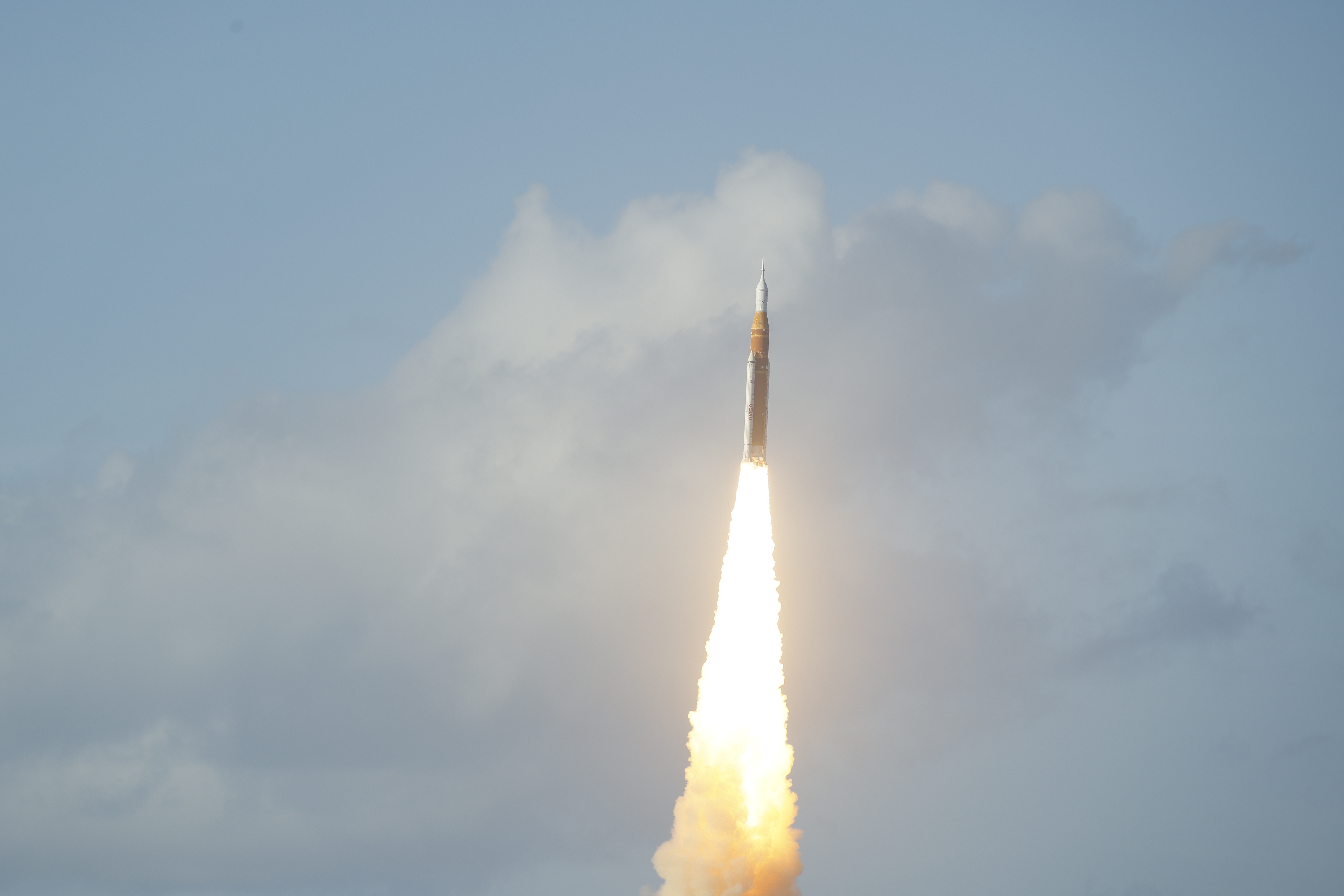 The Space Launch System rocket topped with the Orion capsule...