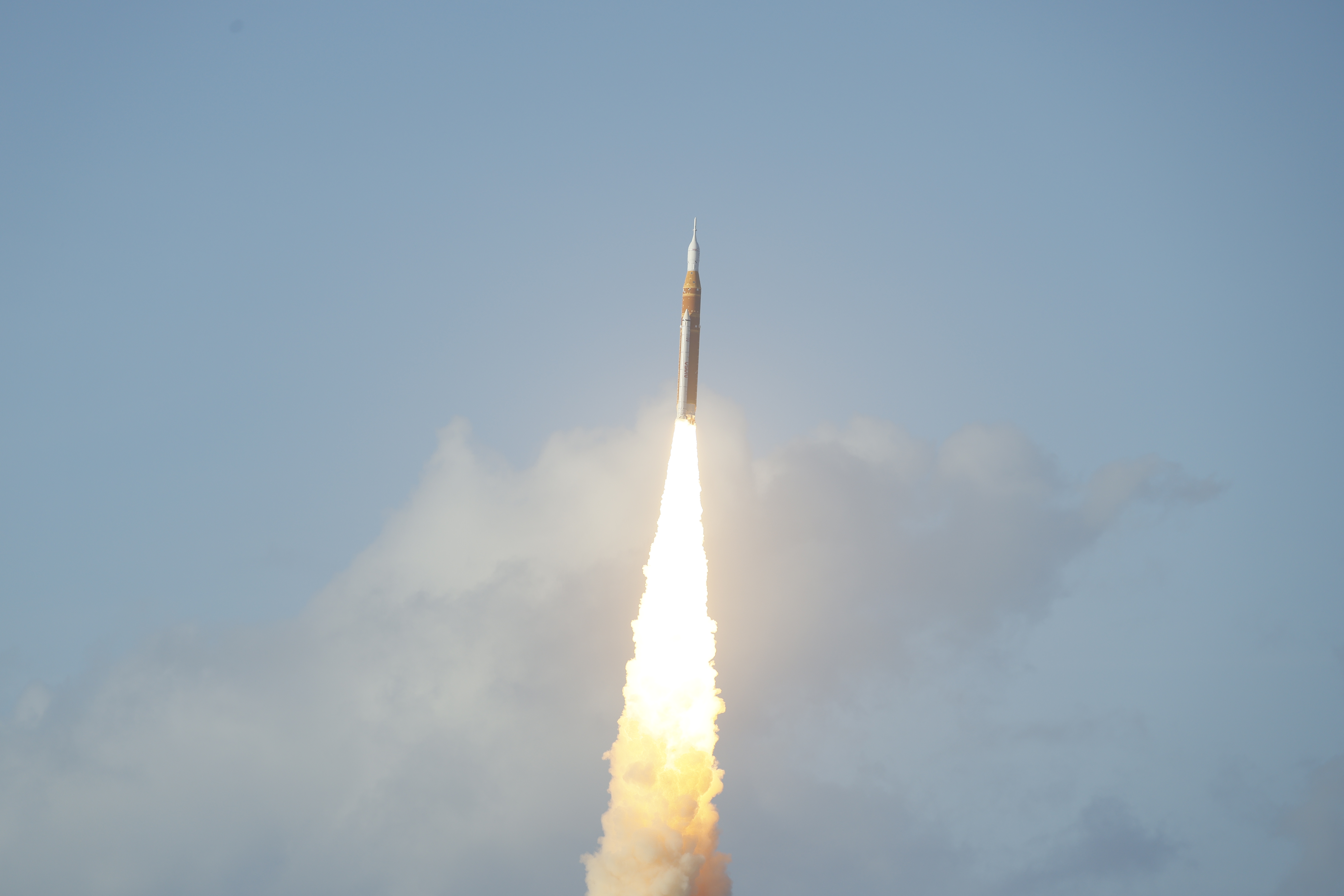 The Space Launch System rocket topped with the Orion capsule...