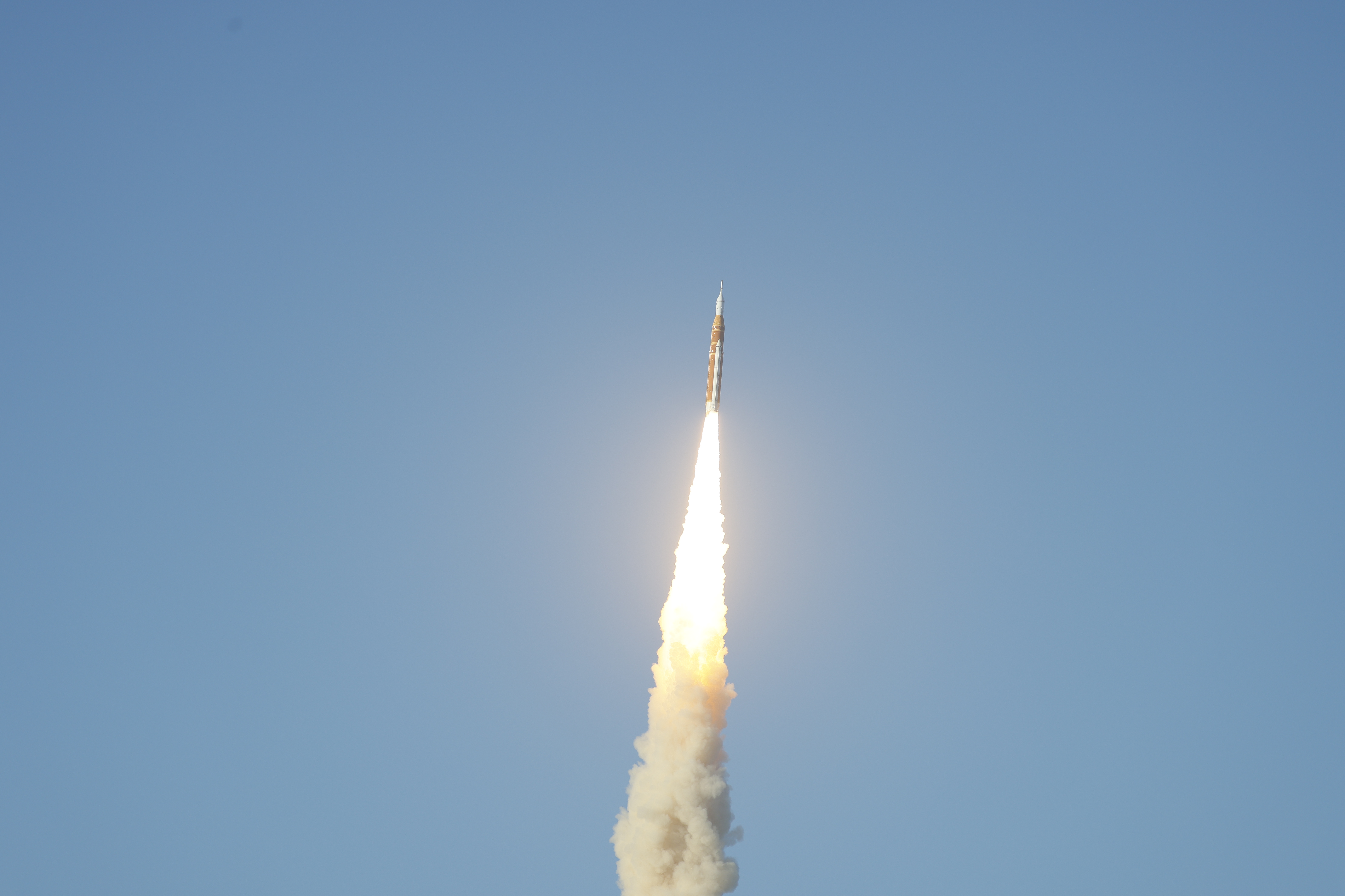 The Space Launch System rocket topped with the Orion capsule...