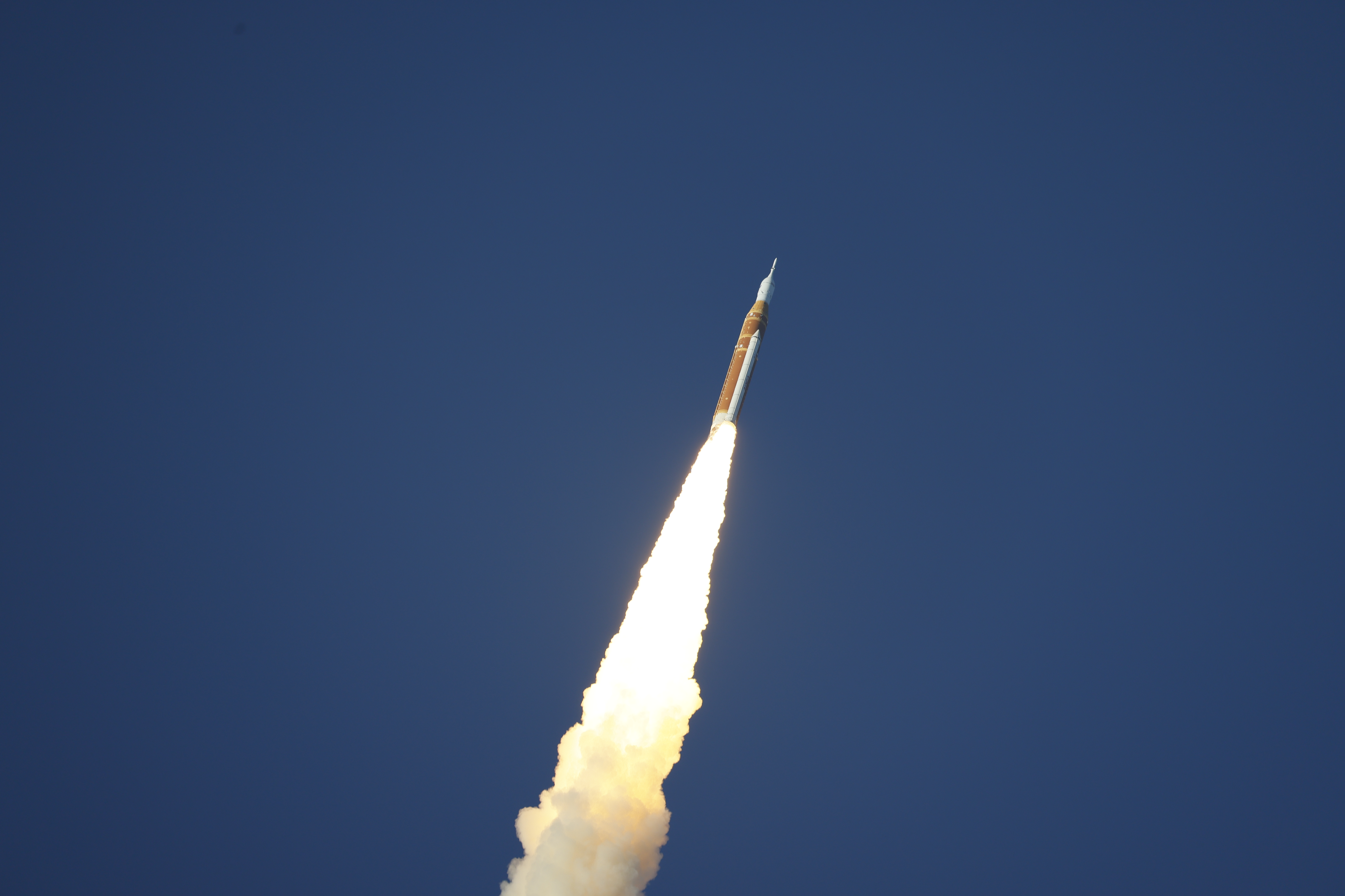 The Space Launch System rocket topped with the Orion capsule...