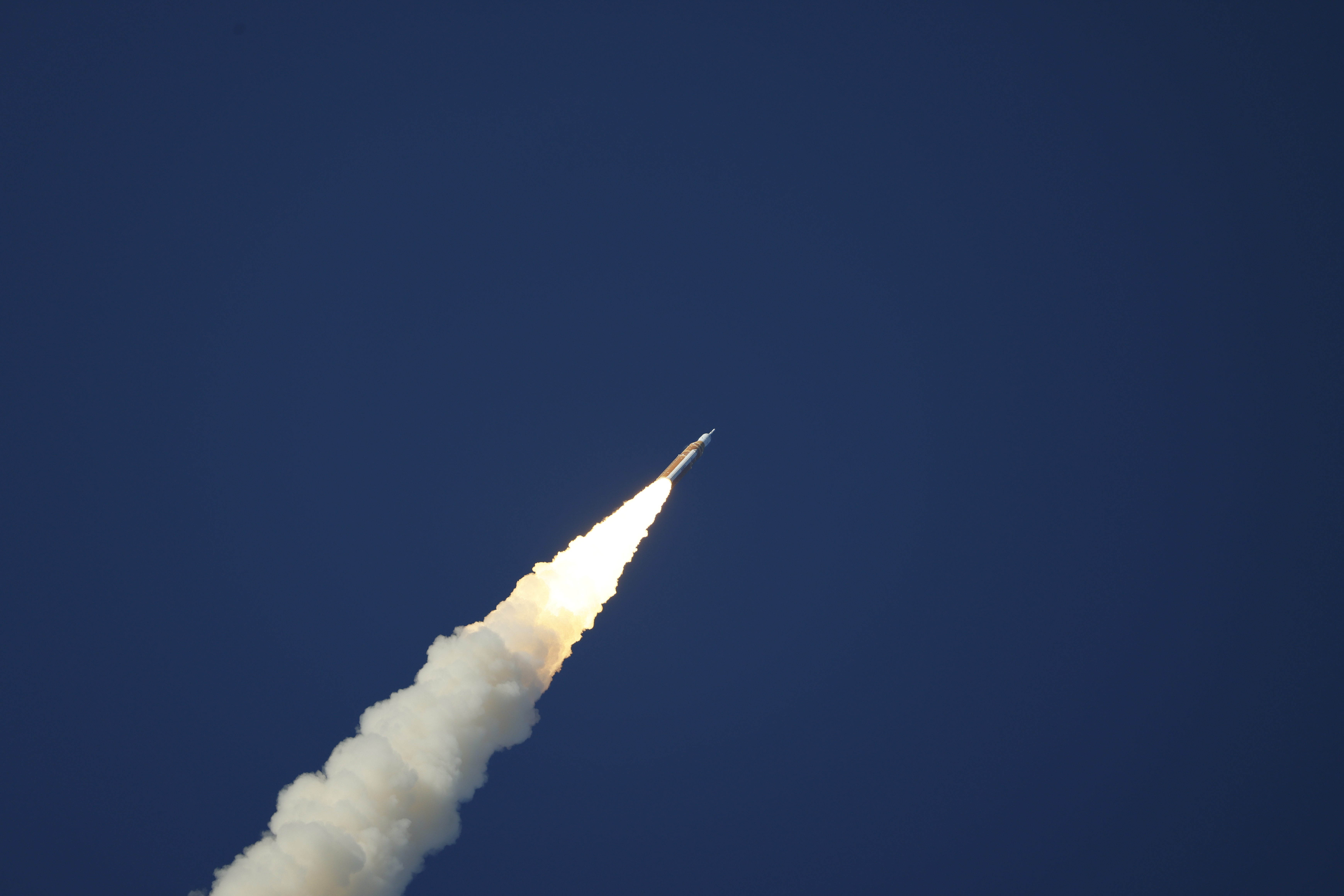 The Space Launch System rocket topped with the Orion capsule...