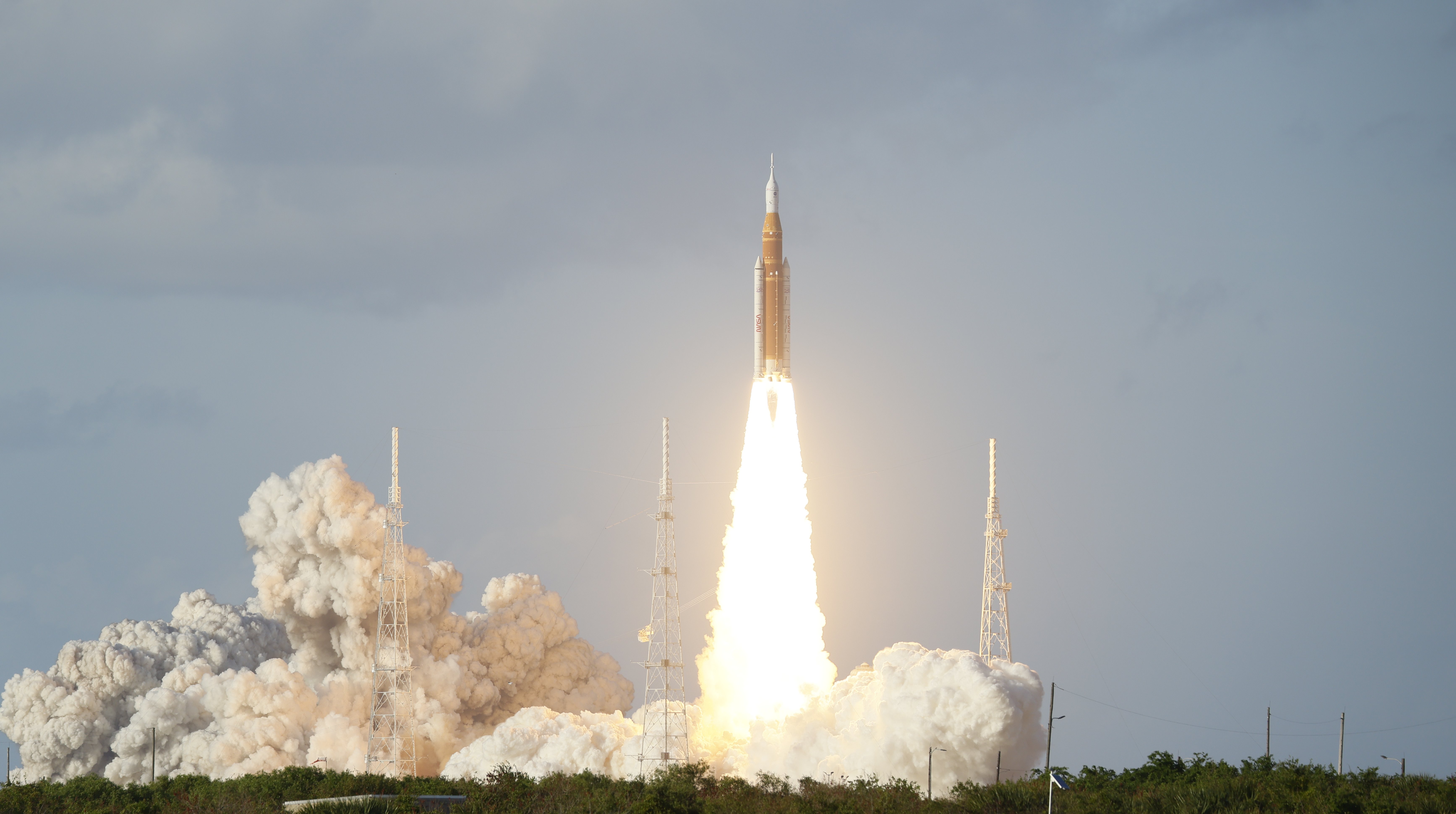 The Space Launch System rocket topped with the Orion capsule...
