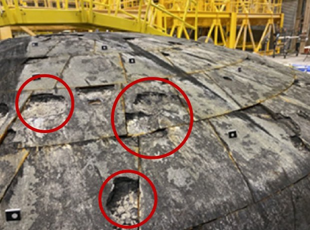 Images show heat shield char loss post-Artemis I mission, including cavities resulting from the loss of large chunks of the heat shield char during reentry. (Handout/NASA)