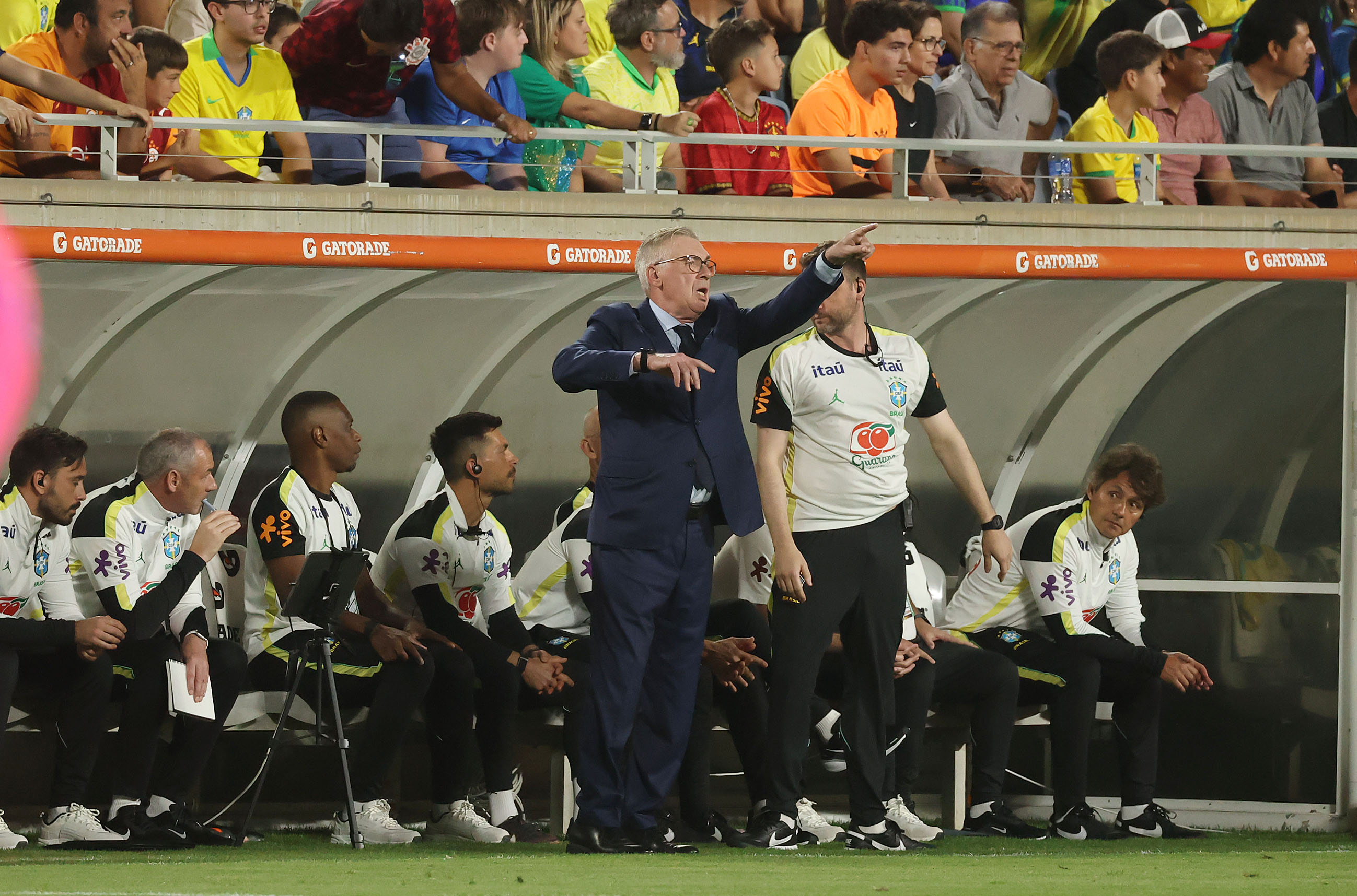 Brazil head coach Carlo Ancelotti coaches during the Brazil vs....