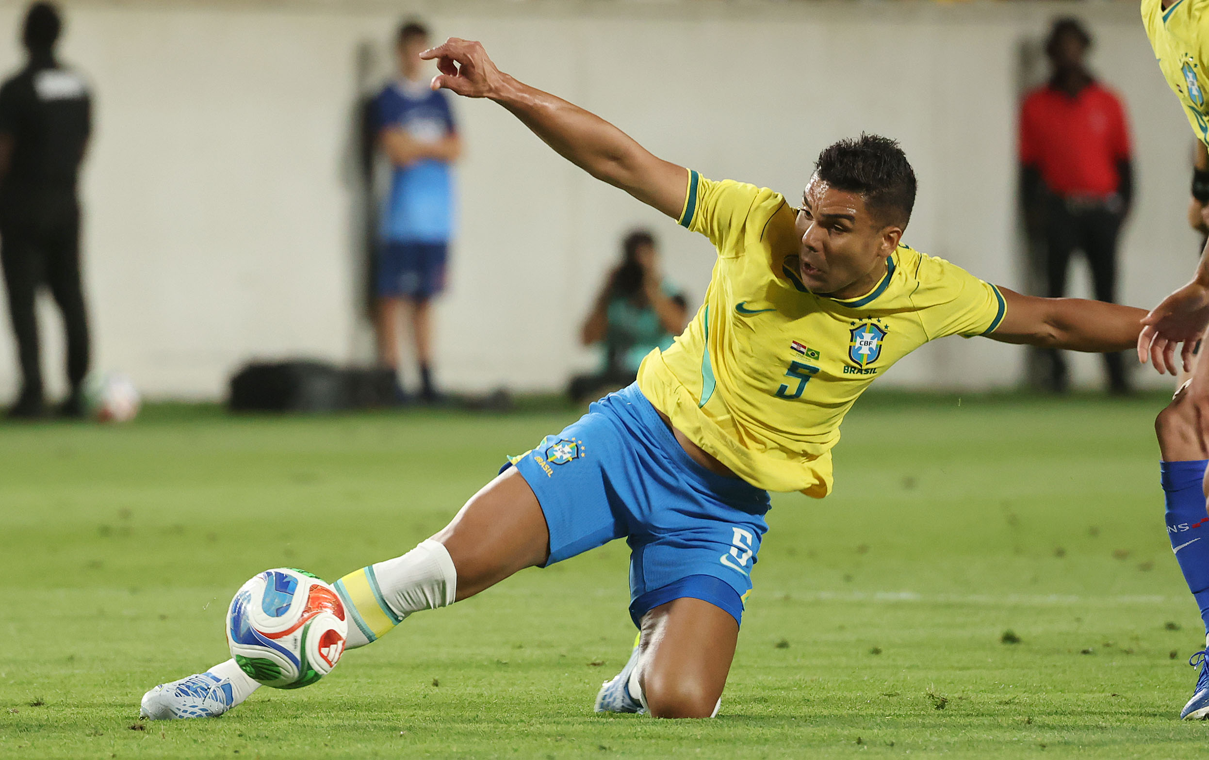 Brazil player Joao Pedro kicks during the Brazil vs. Croatia...