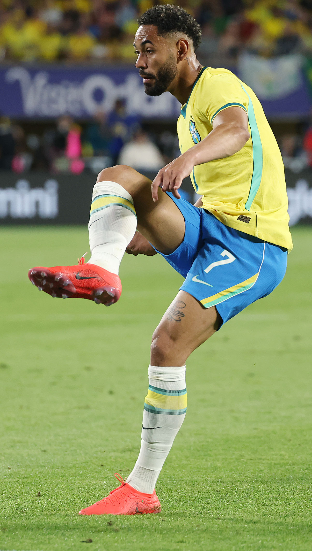 Brazil player Matheus Cunha kicks at goal during the Brazil...