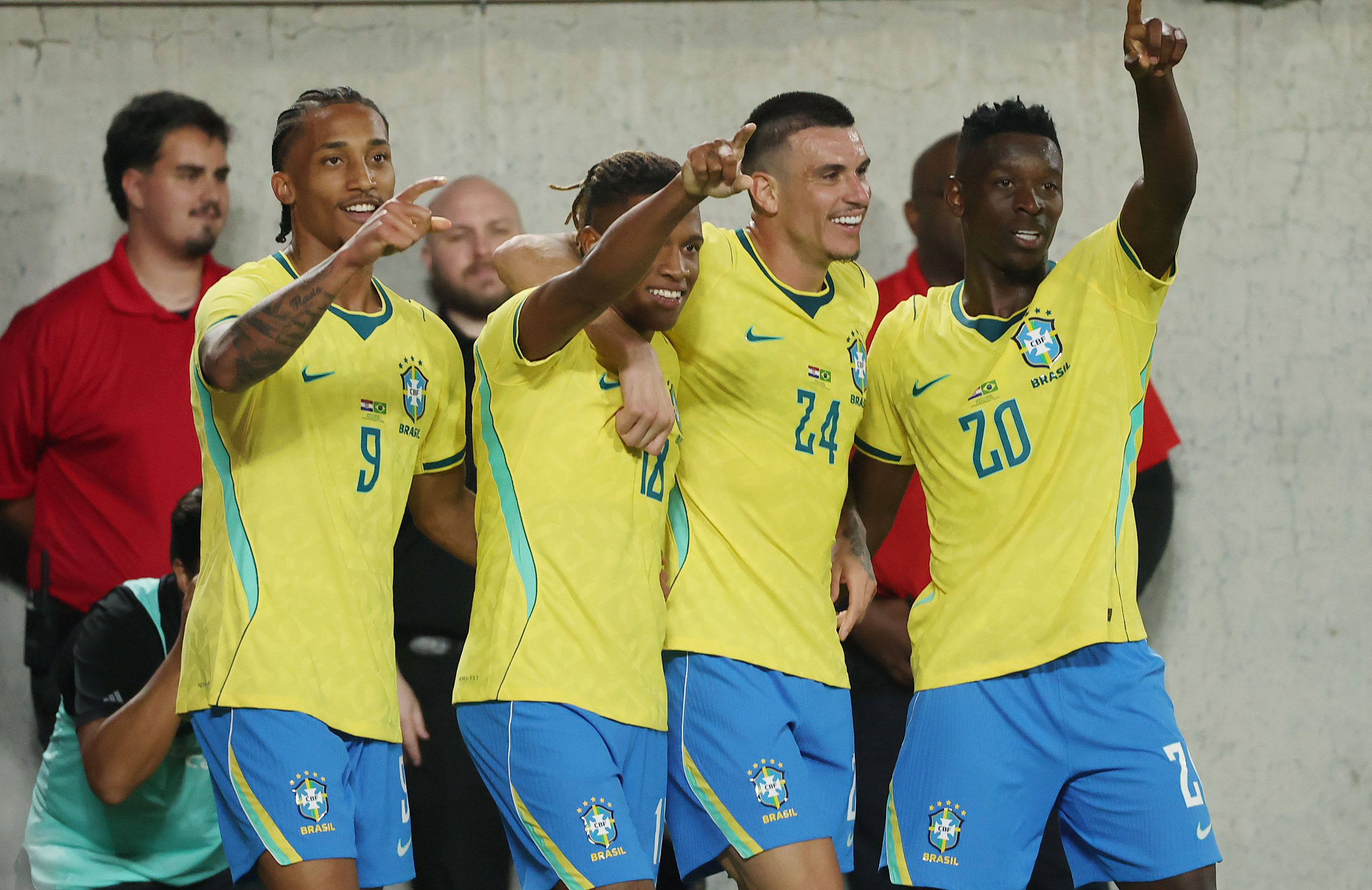 Brazil players Joao Pedro (9), Danilo Oliveira (18), Roger Ibanez...