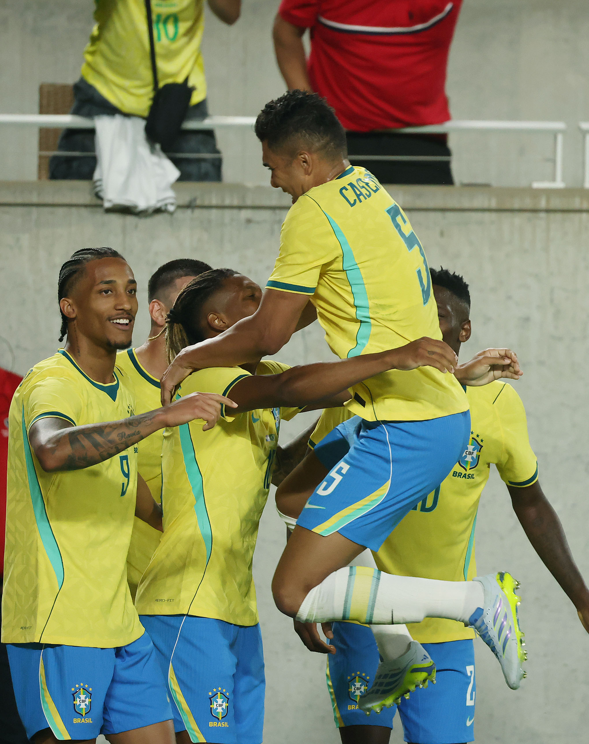 Brazil players celebrate after a goal during the Brazil vs....