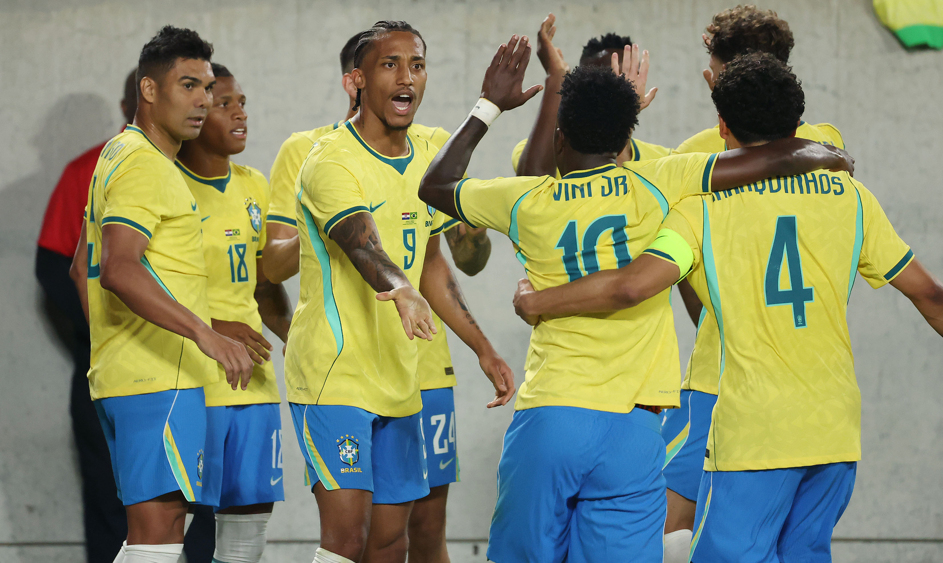 Brazil players celebrate after a goal during the Brazil vs....