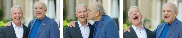 Orlando businessman and philanthropist Alan Ginsburg jokingly plants a kiss on his friend Joel Hunter, chairman of the Central Florida Pledge, while getting a portrait together at The Alfond Inn in Winter Park on Tuesday, March 31, 2026. Both longtime community leaders are finalists for the Orlando Sentinel Central Floridian of the Year for their creation and stewardship of The Central Florida Pledge campaign. (Rich Pope/Orlando Sentinel)