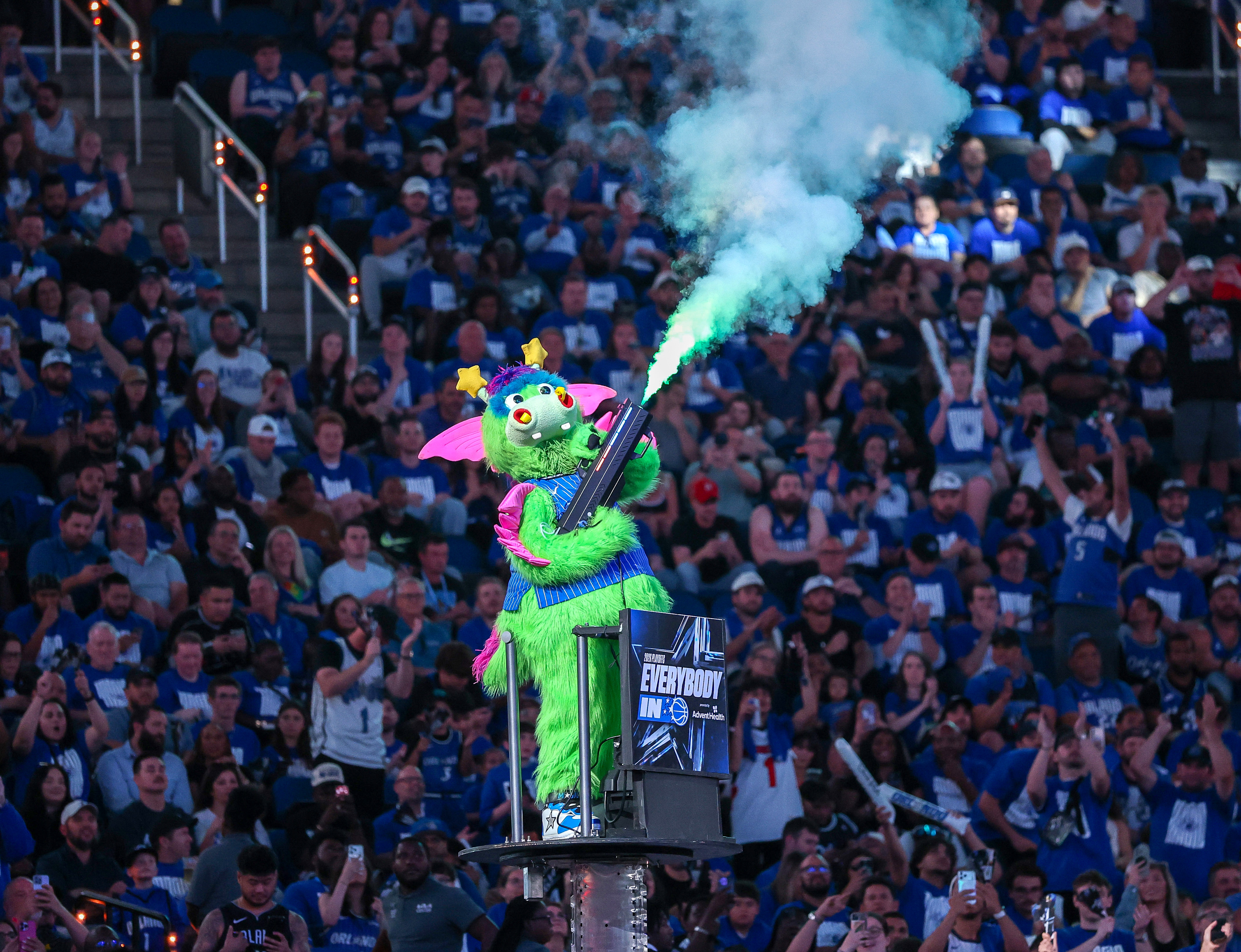 Orlando Magicâ mascot Stuff entertains between quarters during Game 4...