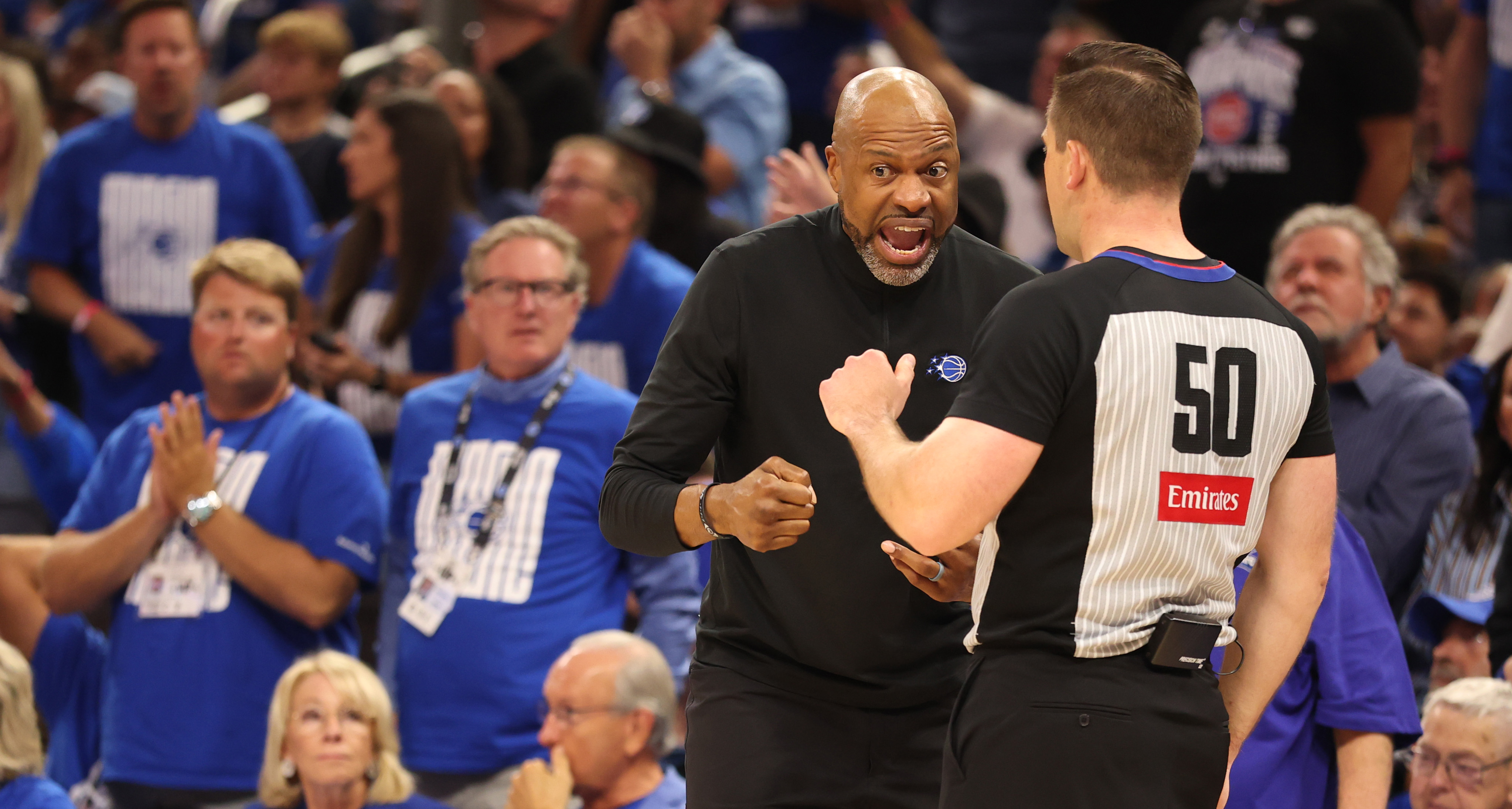 Orlando Magic head coach Jamahl Mosley objects to a call...
