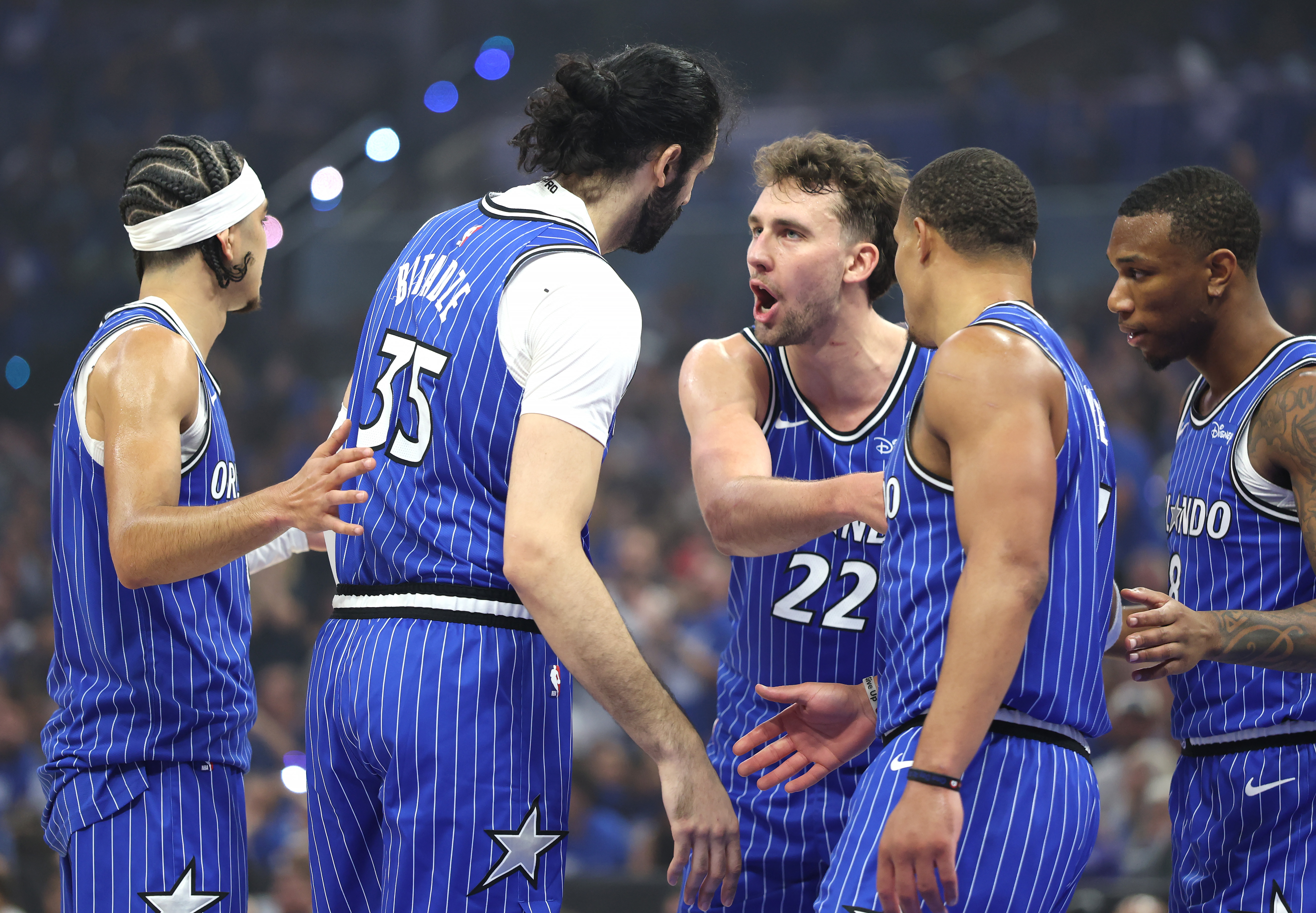 The Orlando Magicâs Franz Wagner (#22) motivates teammates during Game...